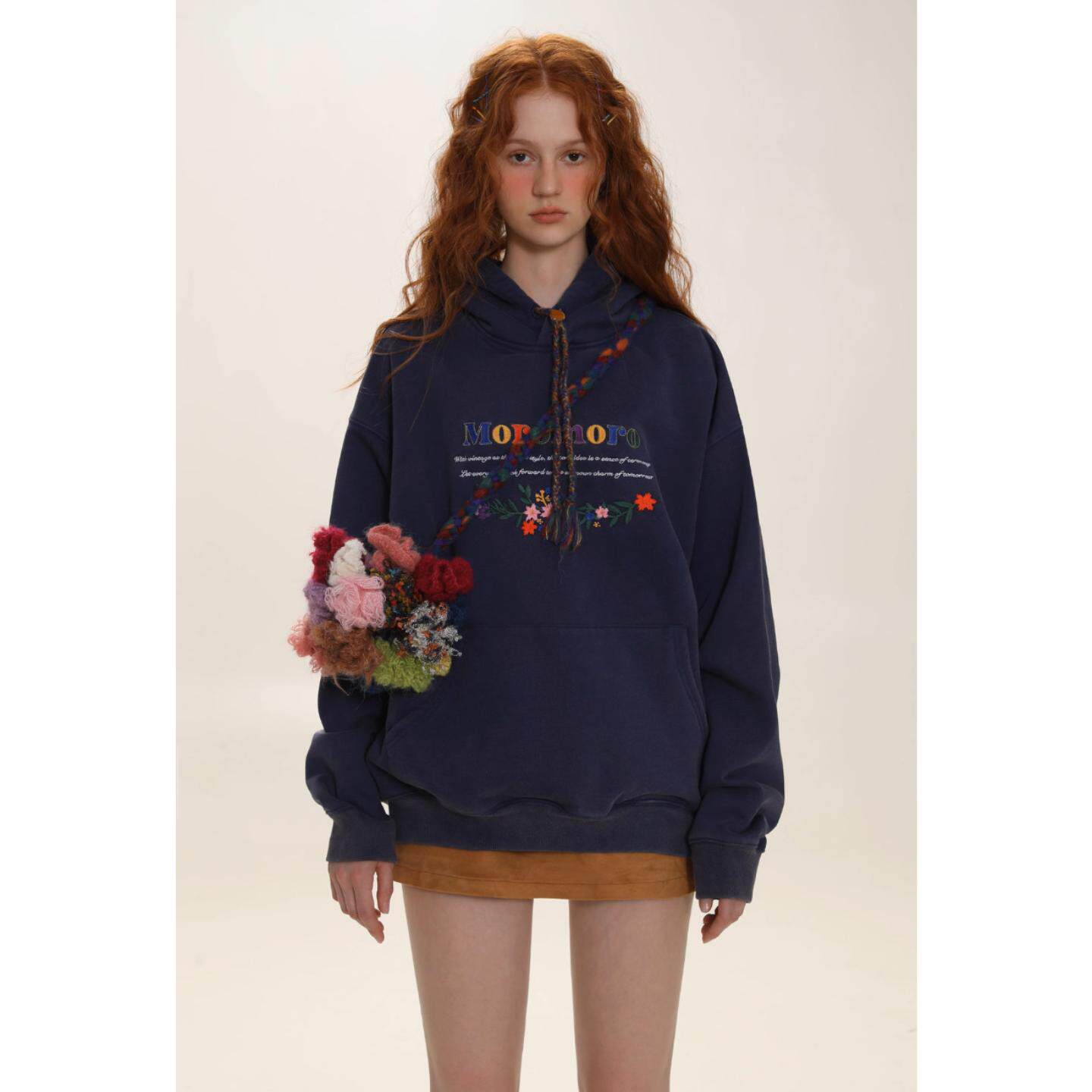 Moromoro字母刺绣宽松加厚连帽套头卫衣女美式复古小众设计感上衣