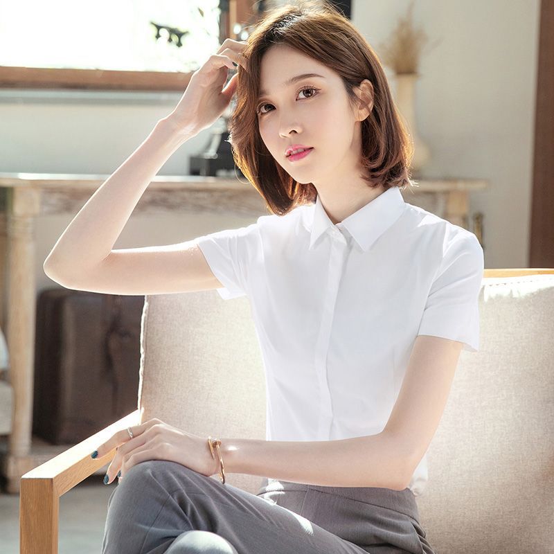 竹纤维白衬衫女短袖职业正装领工装工作服面试免烫长袖暗门襟衬衣