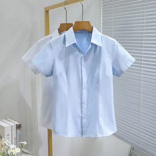 短袖白色衬衫女浅蓝职业春夏新款面试客服接待正装工装长袖V衬衣