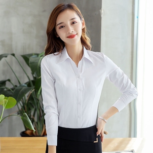 纯白衬衫女长袖修身V领隐条纹粉色衬衣棉职业工装OL工作服浅蓝