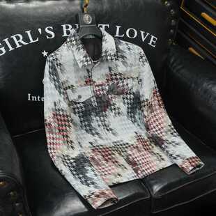 2024春秋季新款男士千鸟格潮流时尚印花夹克休闲百搭翻领外套男装