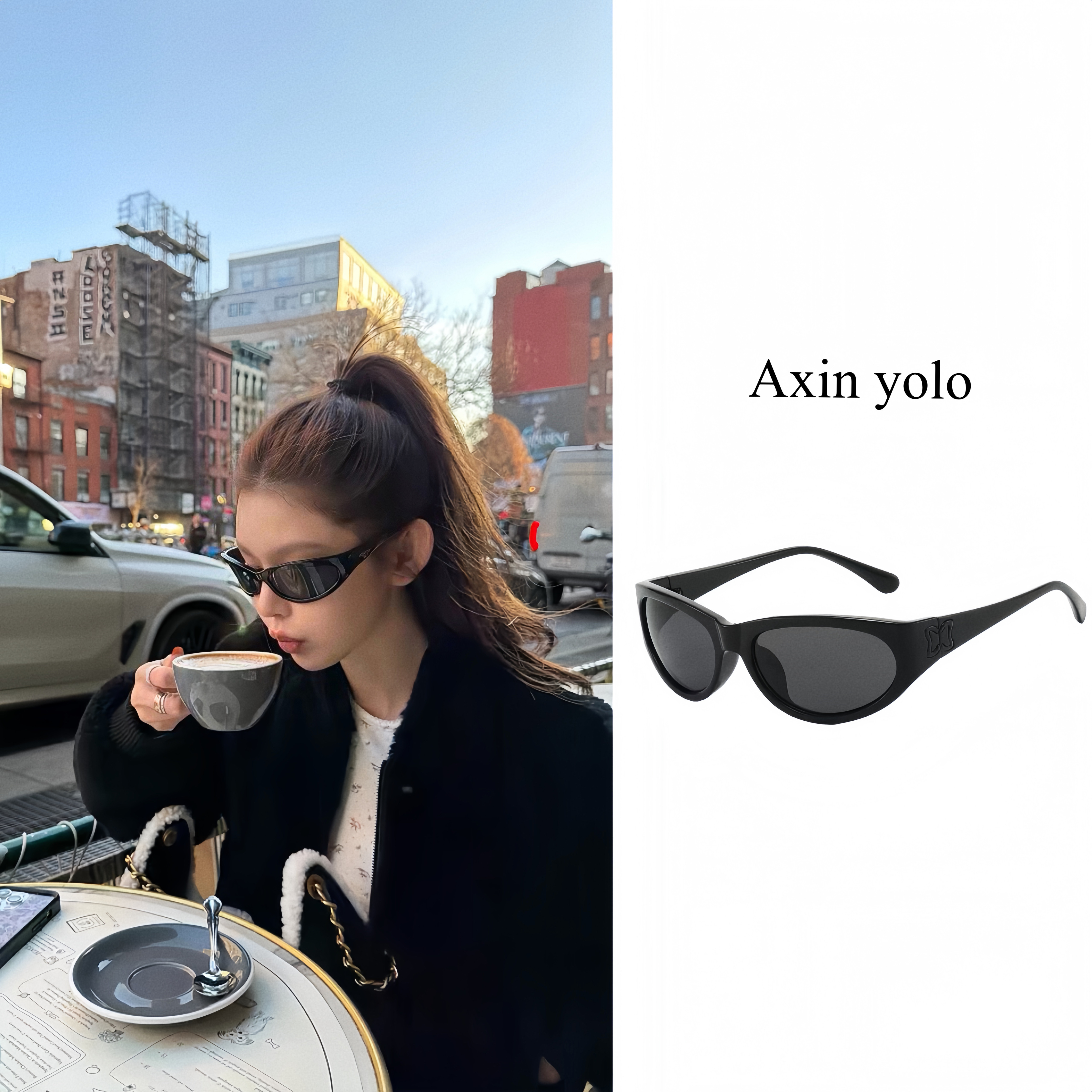 阿馨yolo jennie同款 时尚潮流个性猫眼酷帅窄边框防晒显脸小墨镜