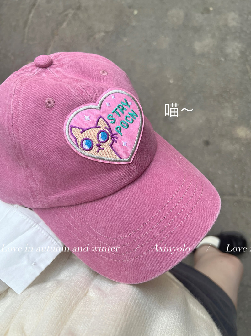 阿馨yolo 做旧粉色爱心棒球帽女ins超火休闲猫咪帽遮阳圆顶鸭舌帽