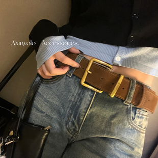 腰带 饰宽版 阿馨yolo 牛皮绒面皮带复古时髦撞色金属扣简约百搭装