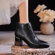 意尔康真皮尖头高跟马丁靴女秋冬新款 百搭系带短靴厚底机车单皮靴