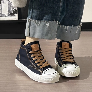 人本黑色高帮帆布鞋女学生复古港风小黑鞋韩版原宿ins超火的鞋子