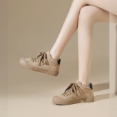 贝壳头棉鞋 人本休闲加绒保暖帆布鞋 女圆头交叉绑带浅棕色复古板鞋