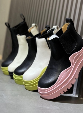 真皮全牛皮秋冬烟筒BOV增高厚底中筒马丁靴女切尔西靴薄款短筒靴