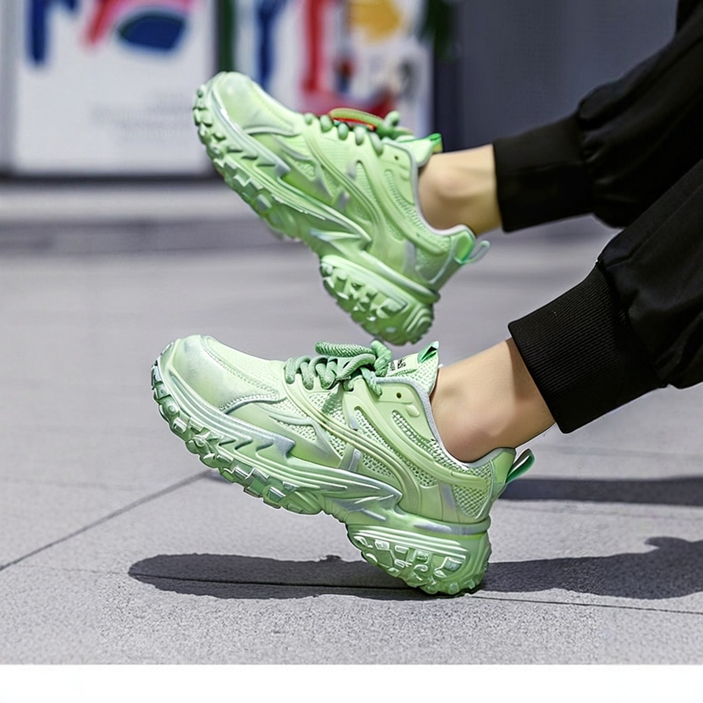 绿色网面厚底老爹鞋增高