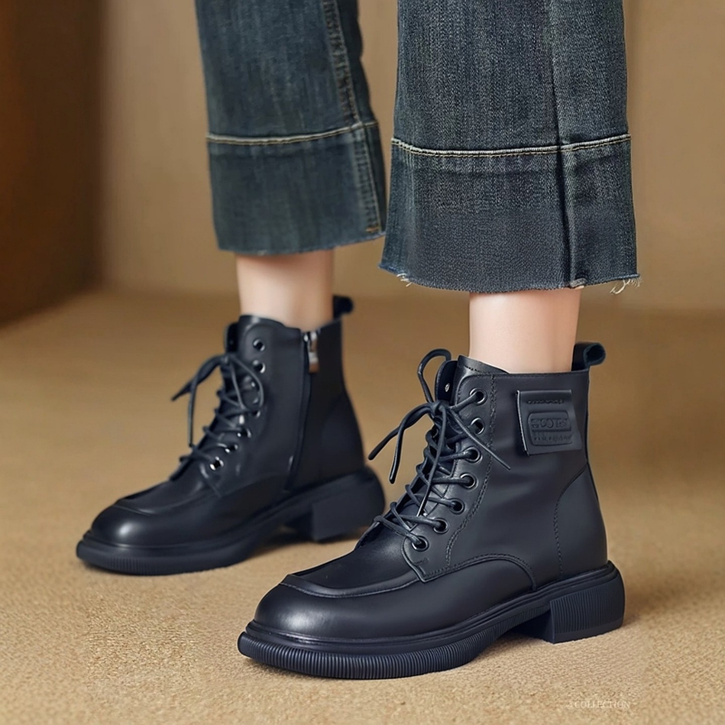 真皮马丁靴女冬季黑色系带短靴