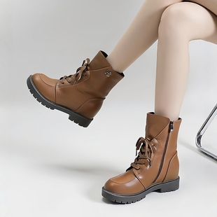 新款 真皮牛皮短靴马丁靴女休闲系带靴女士平底软皮靴秋冬马丁靴潮