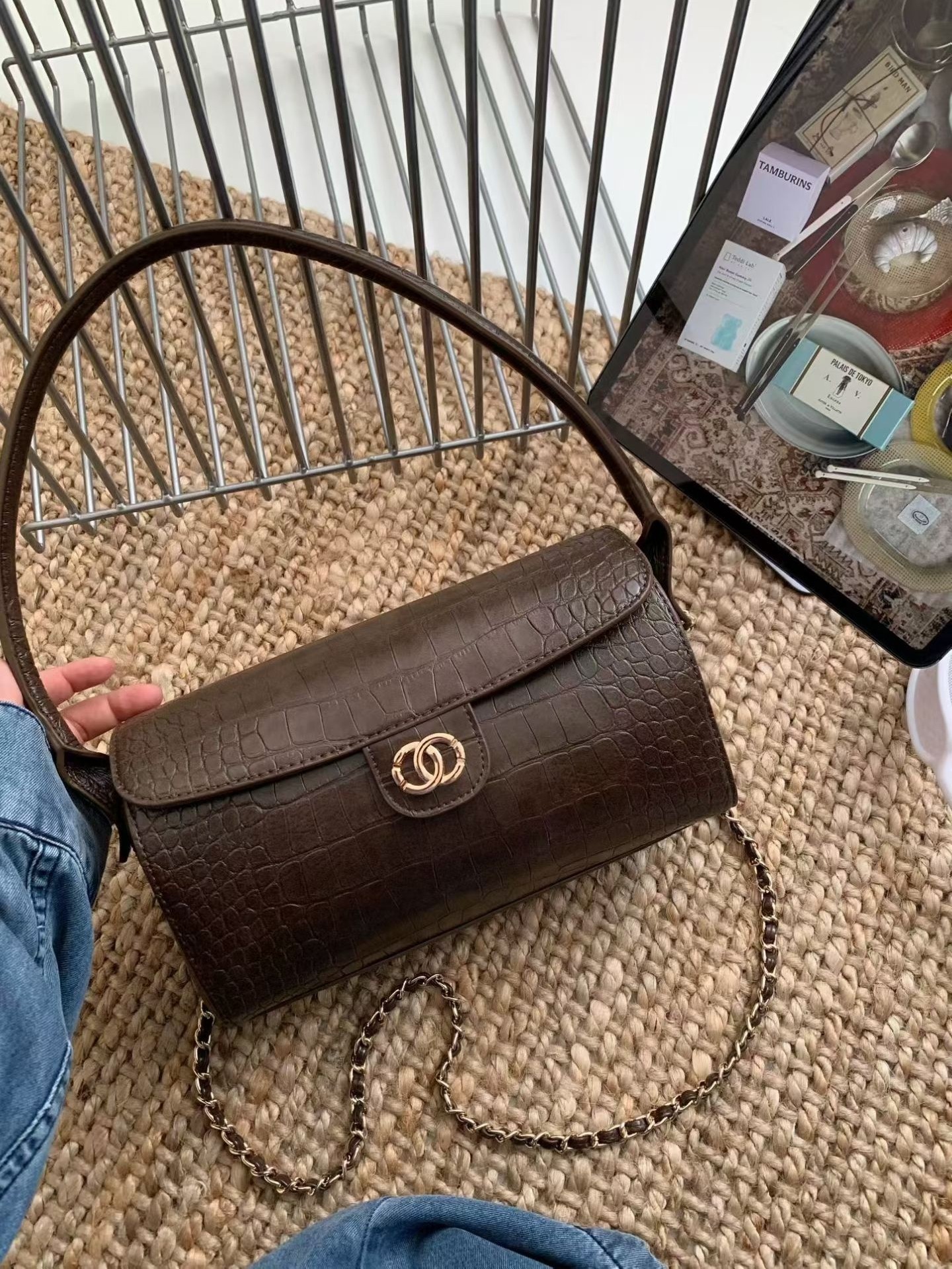 小香风走秀中古包包鳄鱼纹手提腋下包女复古翻盖链条包单肩斜挎包