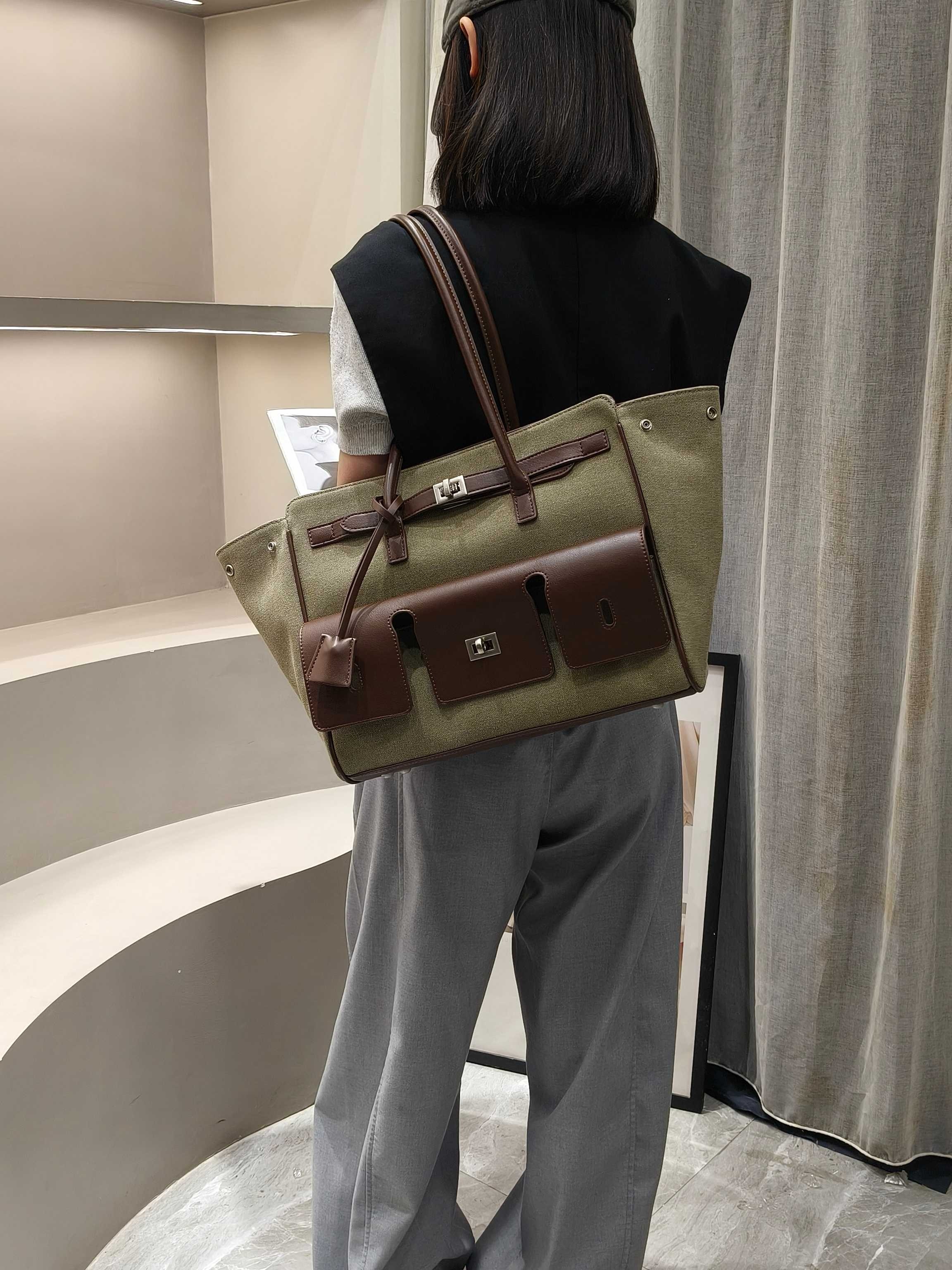 法式巴黎帆布托特包女大容量单肩腋下包流行潮男女铂金包通勤大包