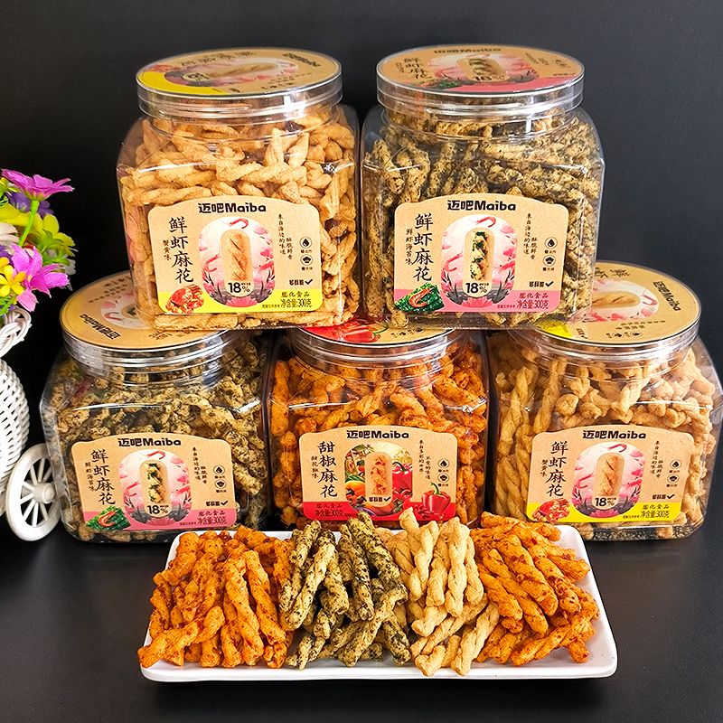 迈吧鲜虾麻花300g罐装海苔蟹黄甜花椒味花网红休闲小零食特产糕点