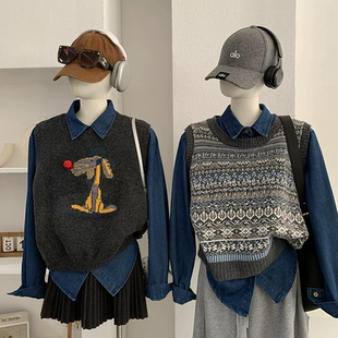 针织背心两件套 叠搭圆领无袖 设计感减龄休闲翻领长袖 牛仔衬衫