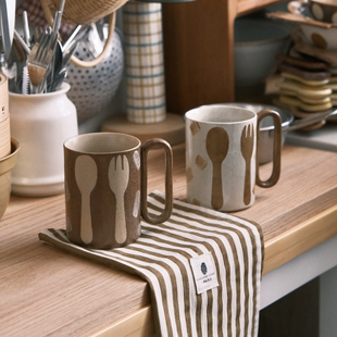 一颗松果居 手作复古中古叉子勺子釉下彩粉引咖啡杯陶器马克杯