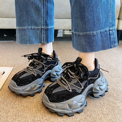 真皮增高厚底老爹鞋女2025秋季新款水钻百搭舒适休闲运动松糕鞋潮