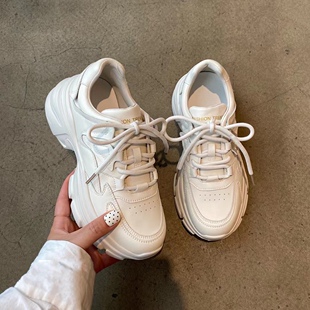 真皮松糕厚底老爹鞋女2025秋新款网红舞蹈鞋系带增高运动休闲鞋女