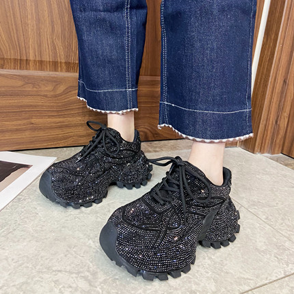 满钻水钻老爹鞋女2026春季新款增高厚底松糕鞋显脚小满钻休闲鞋潮