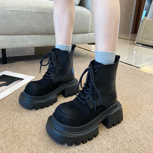 真皮厚底增高马丁靴女2025冬季新款百搭复古系带短靴大头机车靴潮