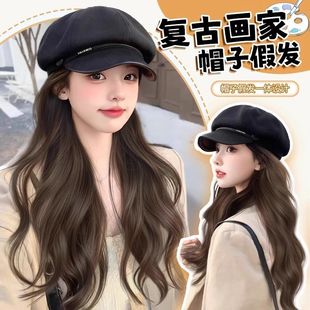 带真发一体帽子带头发的假发女仿真人发时尚长卷发自然贝雷八角帽