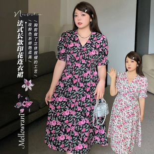 V领碎花胖mm连衣裙高腰夏款 2023法式 收腰甜美显瘦潮流 女装 加大码