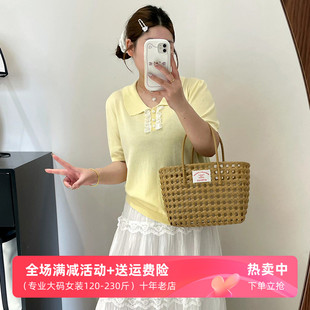 胖mm宽松短袖 大码 2025夏款 女装 t恤纯色 波花边娃娃领上衣女针织衫