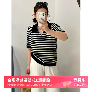 t恤甜美 大码 女装 POLO领上衣女显瘦条纹衫 2025夏胖mm宽松针织短袖