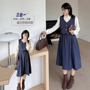 2025大码女装假三件连衣裙法式学院派马甲衬衣微胖mm大码连衣裙潮