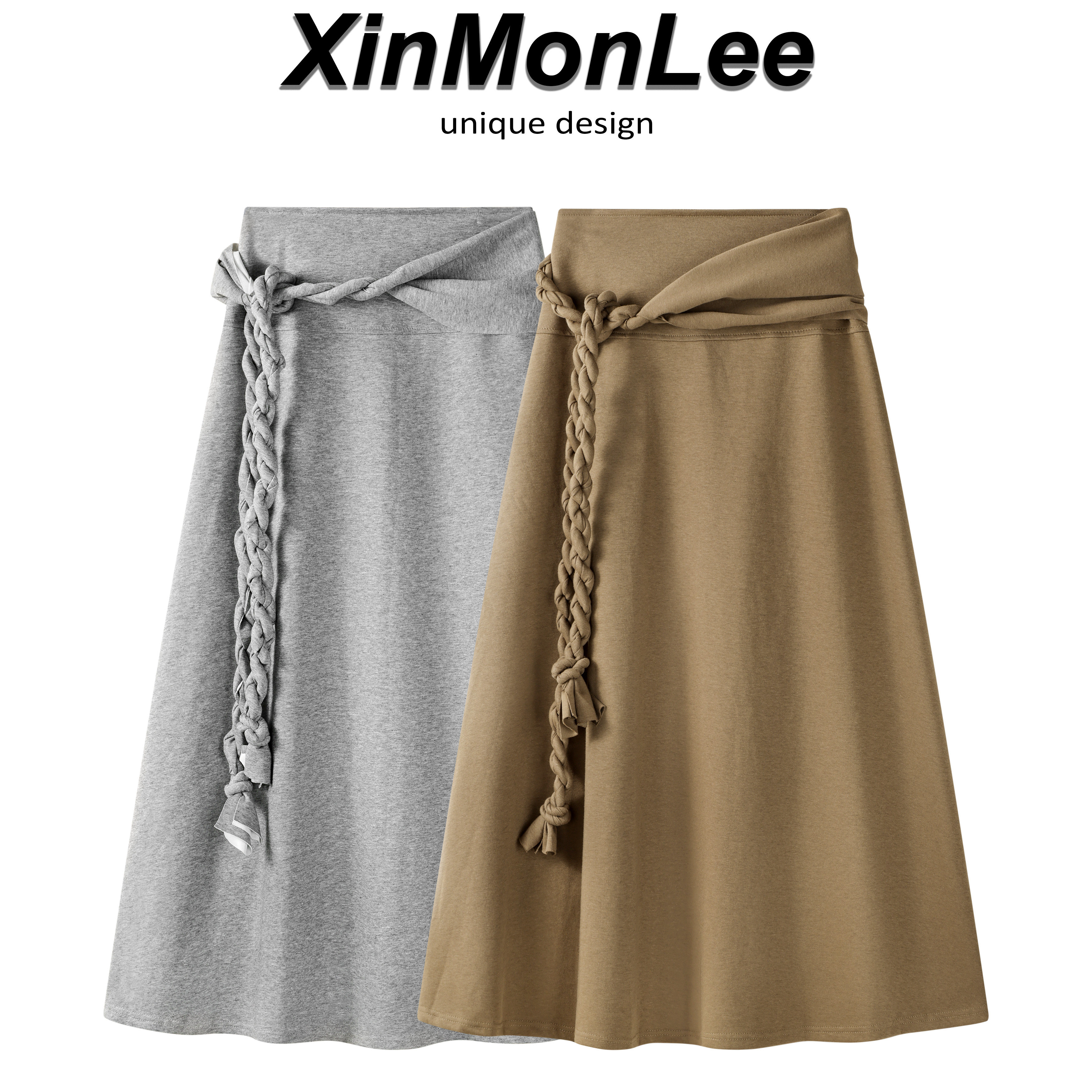 XinmonLee麻花绳拼接绑带假两件亲肤垂感半身裙夏季显瘦中长裙女