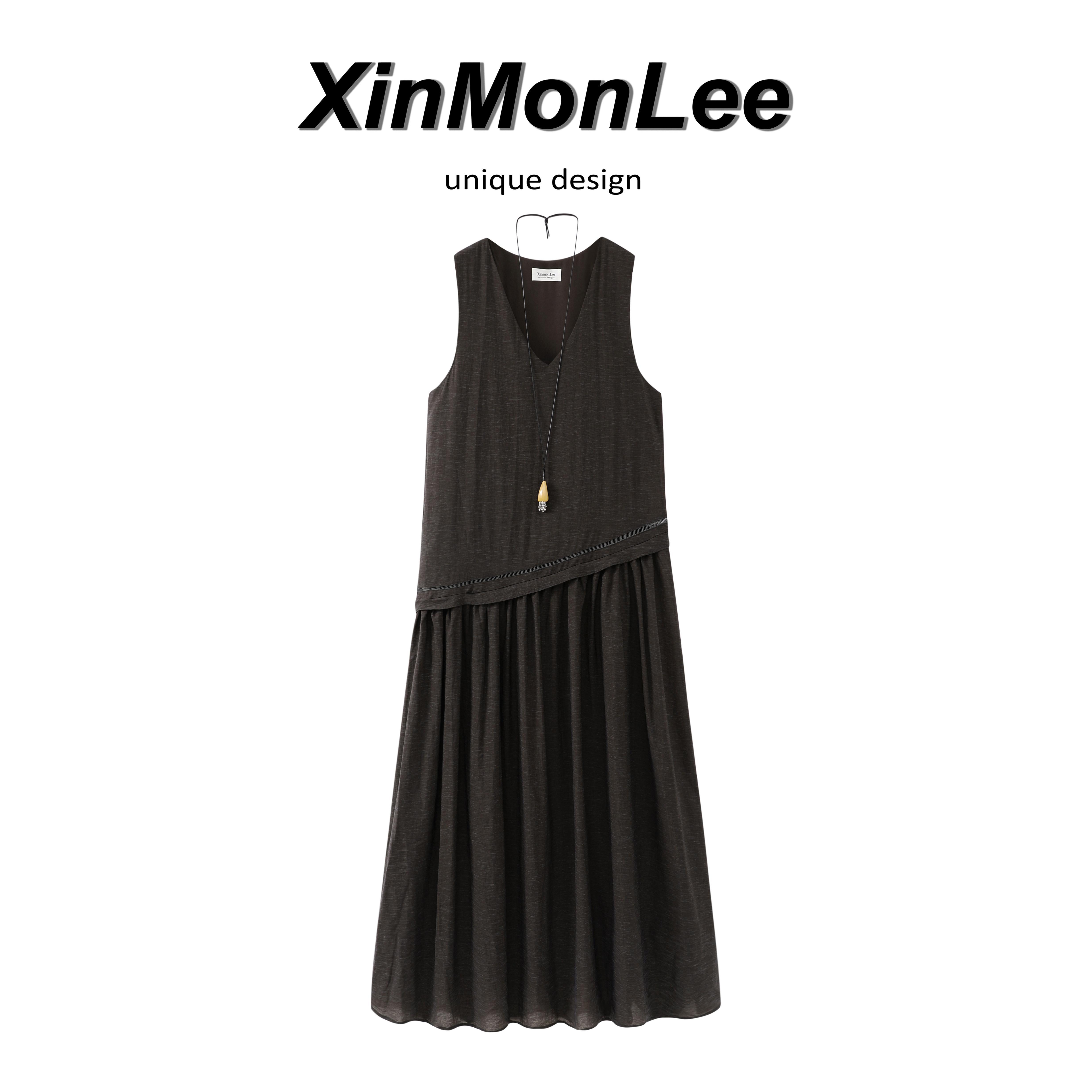 XinmonLee设计感无袖假两件拼接连衣裙V领夏季法式背心长裙减龄