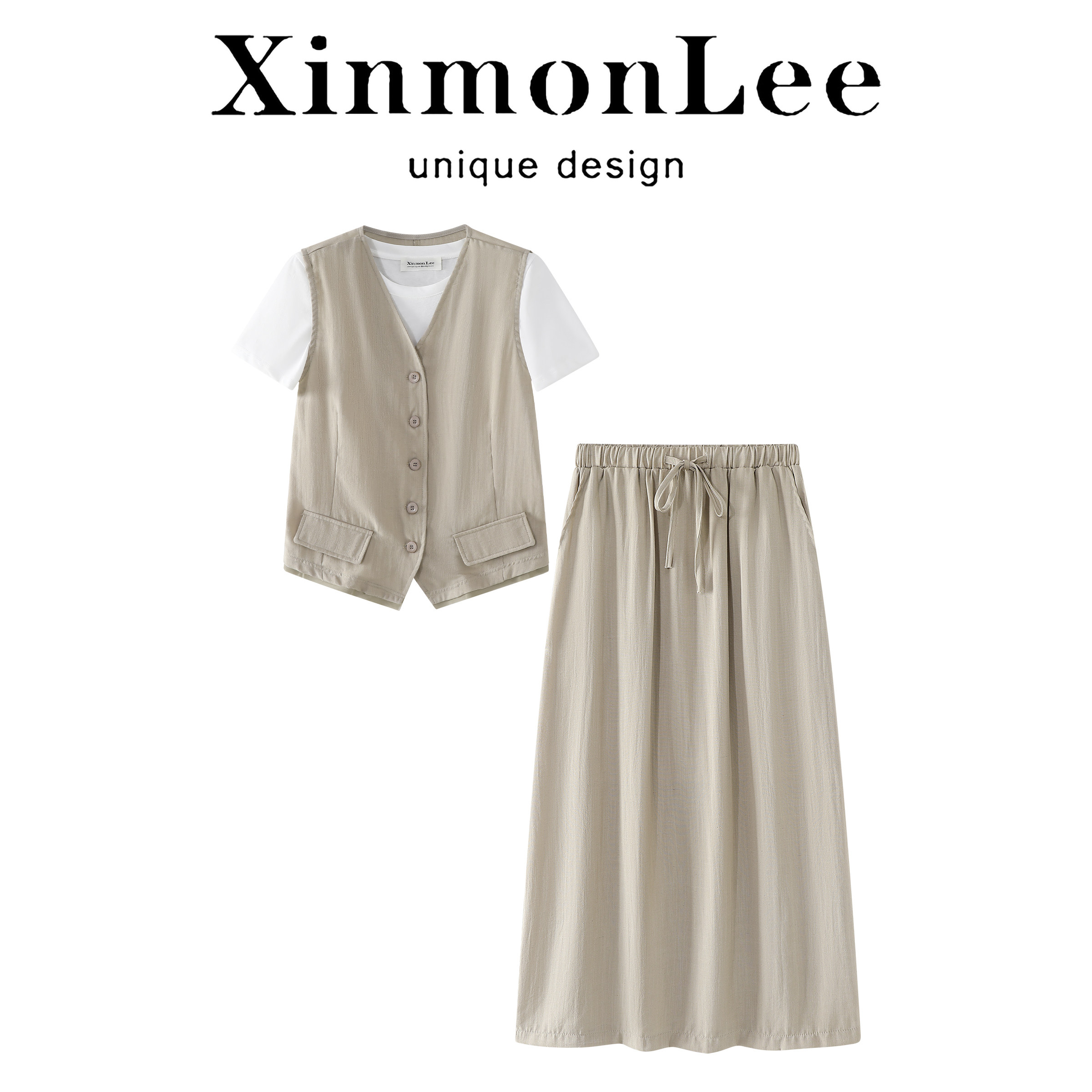 XinmonLee休闲通勤风三件套叠穿马甲短袖T恤夏季亲肤半身裙显瘦女