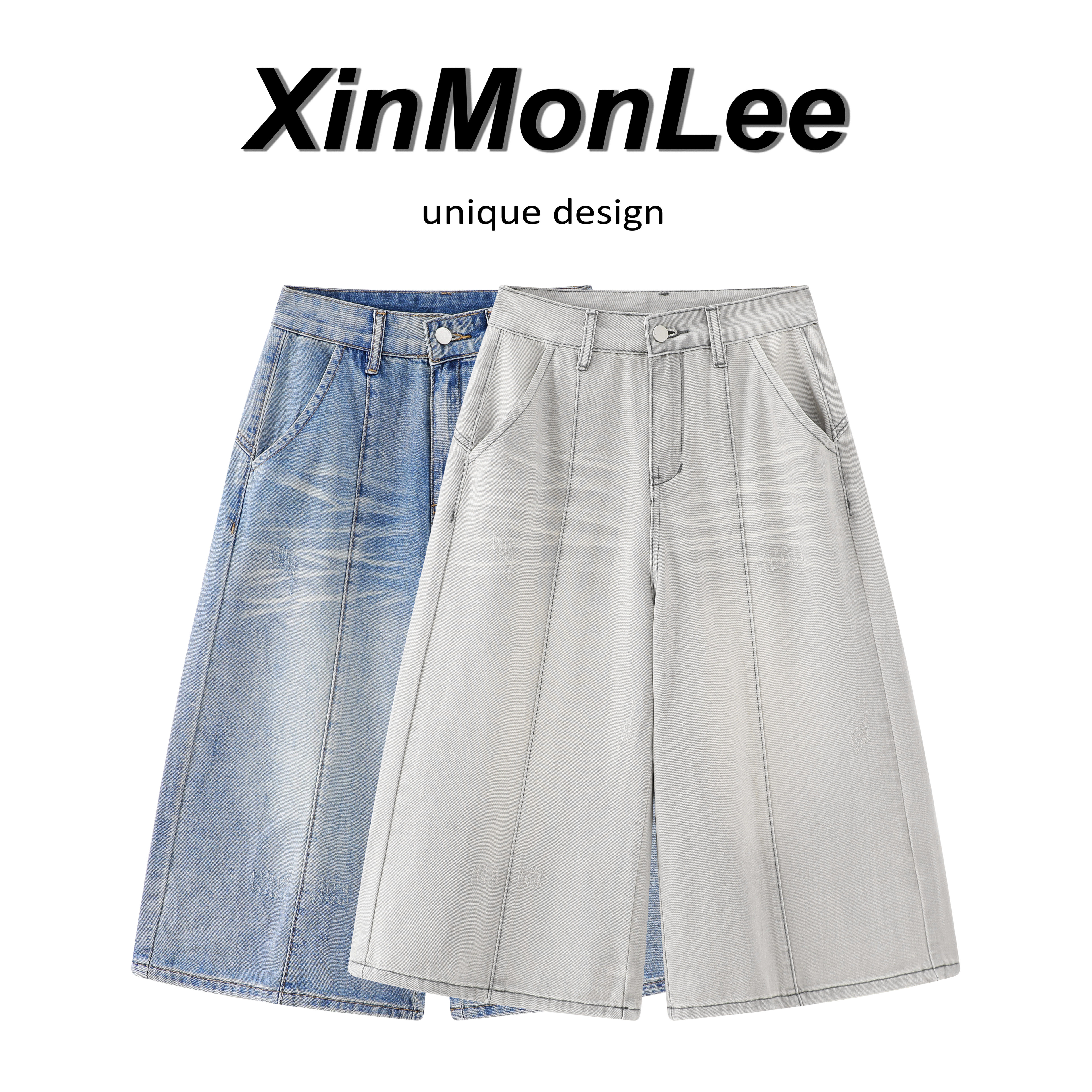 XinmonLee浅色做旧韩版高腰软牛仔阔腿裤宽松通勤显瘦夏季七分裤