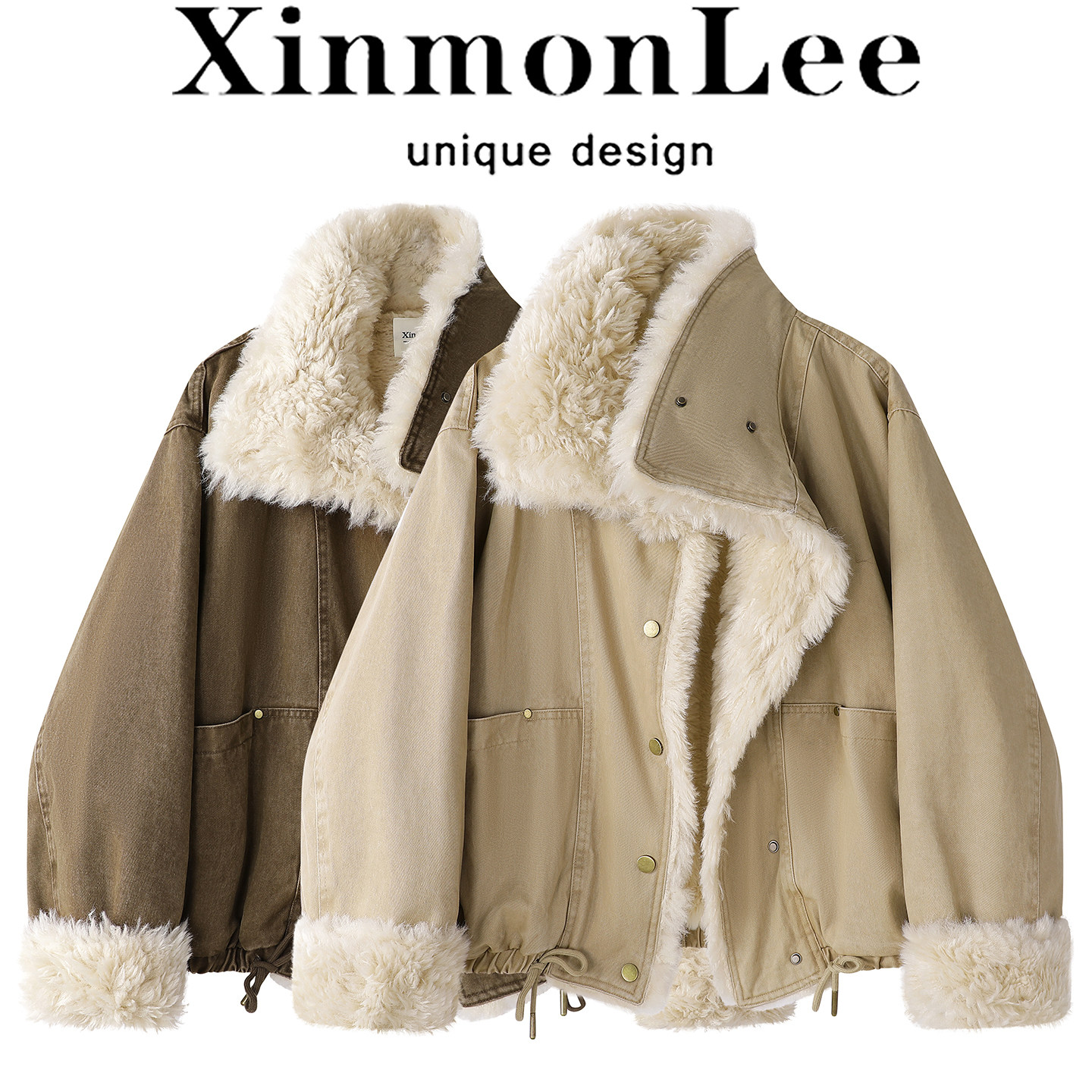XinmonLee冬季新款皮毛一体加绒加厚牛仔夹克外套立领抽绳派克服