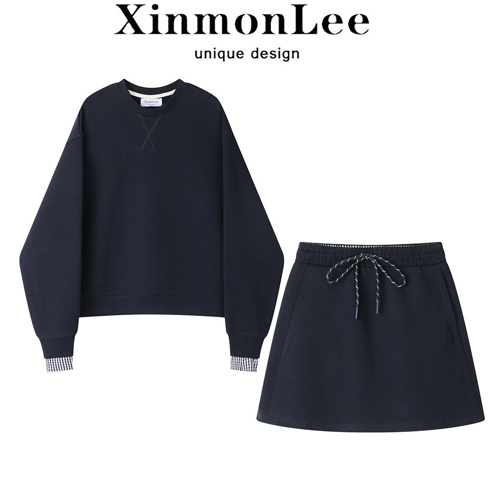 XinmonLee美式复古格子拼接设计感卫衣初秋两件套装高腰A字半身裙