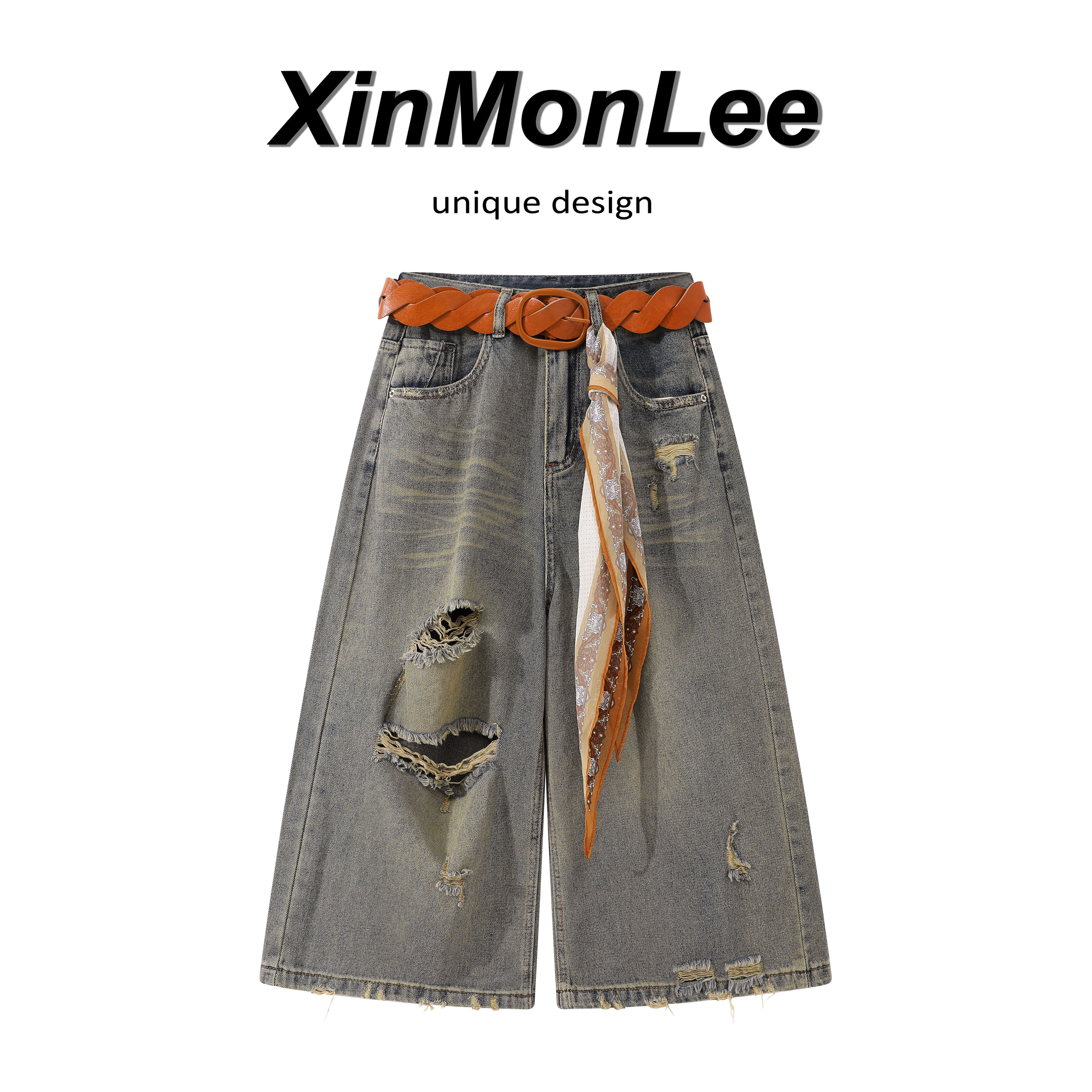 XinmonLee韩版破洞牛仔阔腿裤高腰水洗做旧百搭直筒裤夏季七分裤