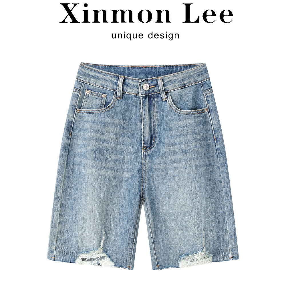 XinmonLee美式复古破洞蓝色牛仔裤夏季五分裤女高腰直筒显瘦休闲 - 实物图