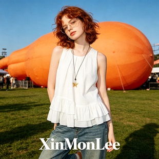 XinmonLee韩式温柔风荷叶边无袖背心女白色宽松气质度假风上衣夏