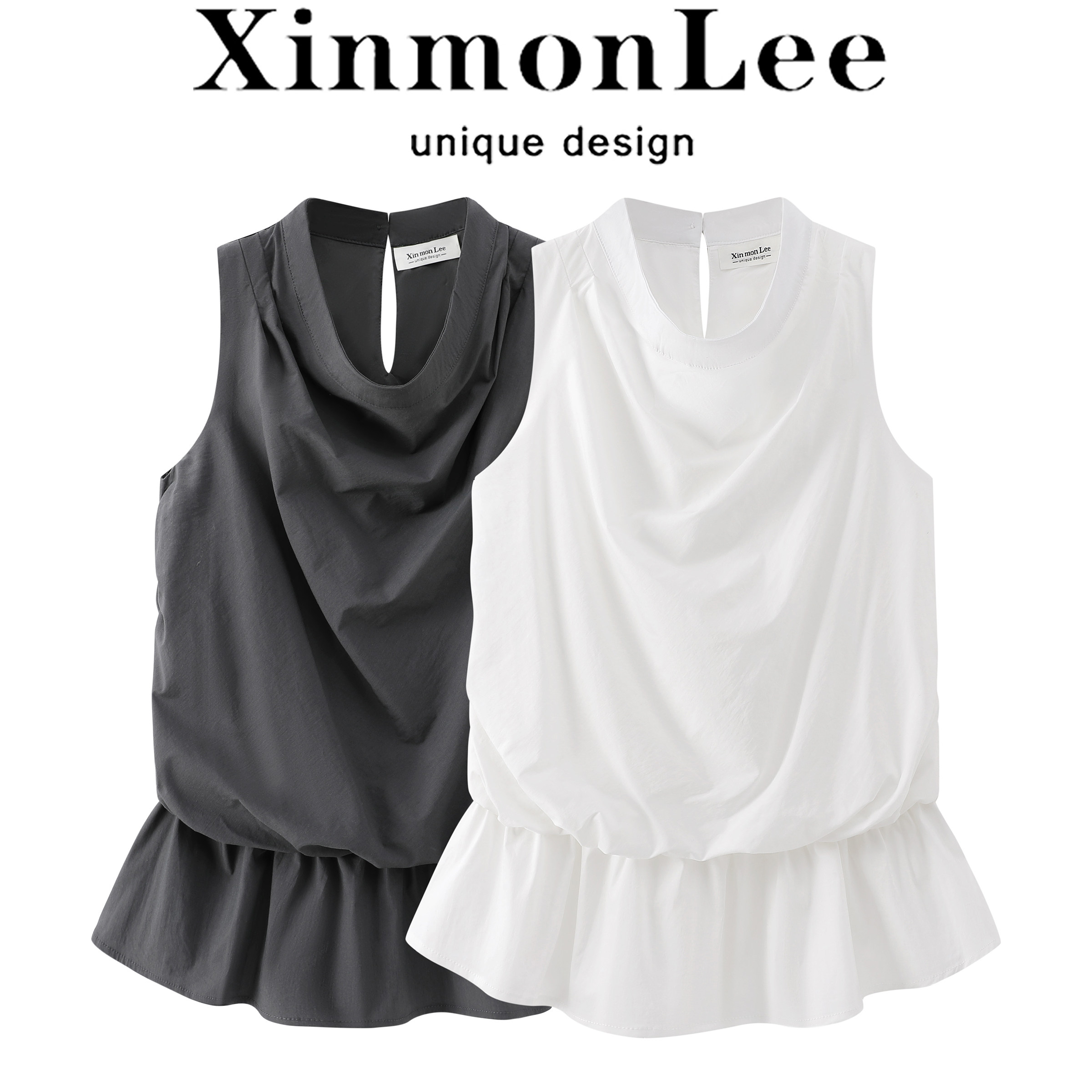 XinmonLee小众设计感法式无袖荡领衬衫女夏季荷叶边收腰气质上衣