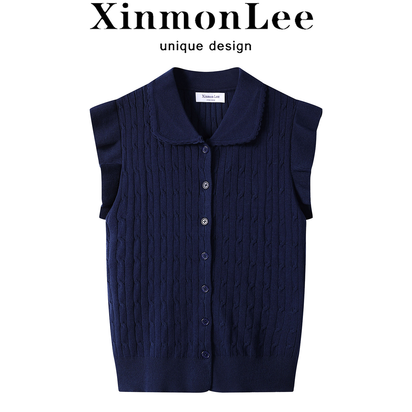 XinmonLee夏季复古减龄娃娃领无袖麻花针织衫上衣韩系气质显瘦女