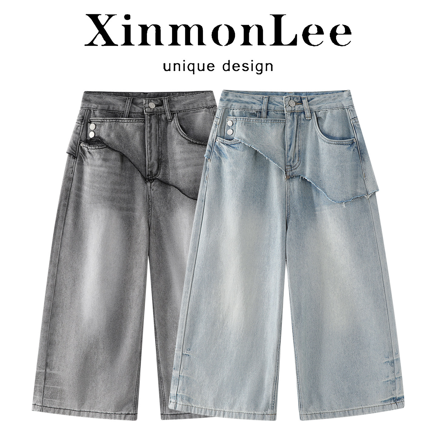 XinmonLee韩式水洗做旧阔腿牛仔裤显瘦百搭七分裤浅色假两件夏季