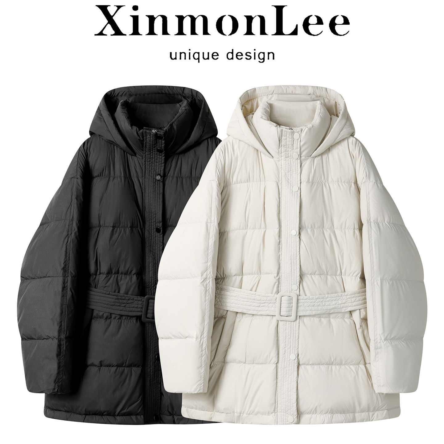 XinmonLee韩版系带收腰连帽立领羽绒服外套中长款冬季女减龄保暖
