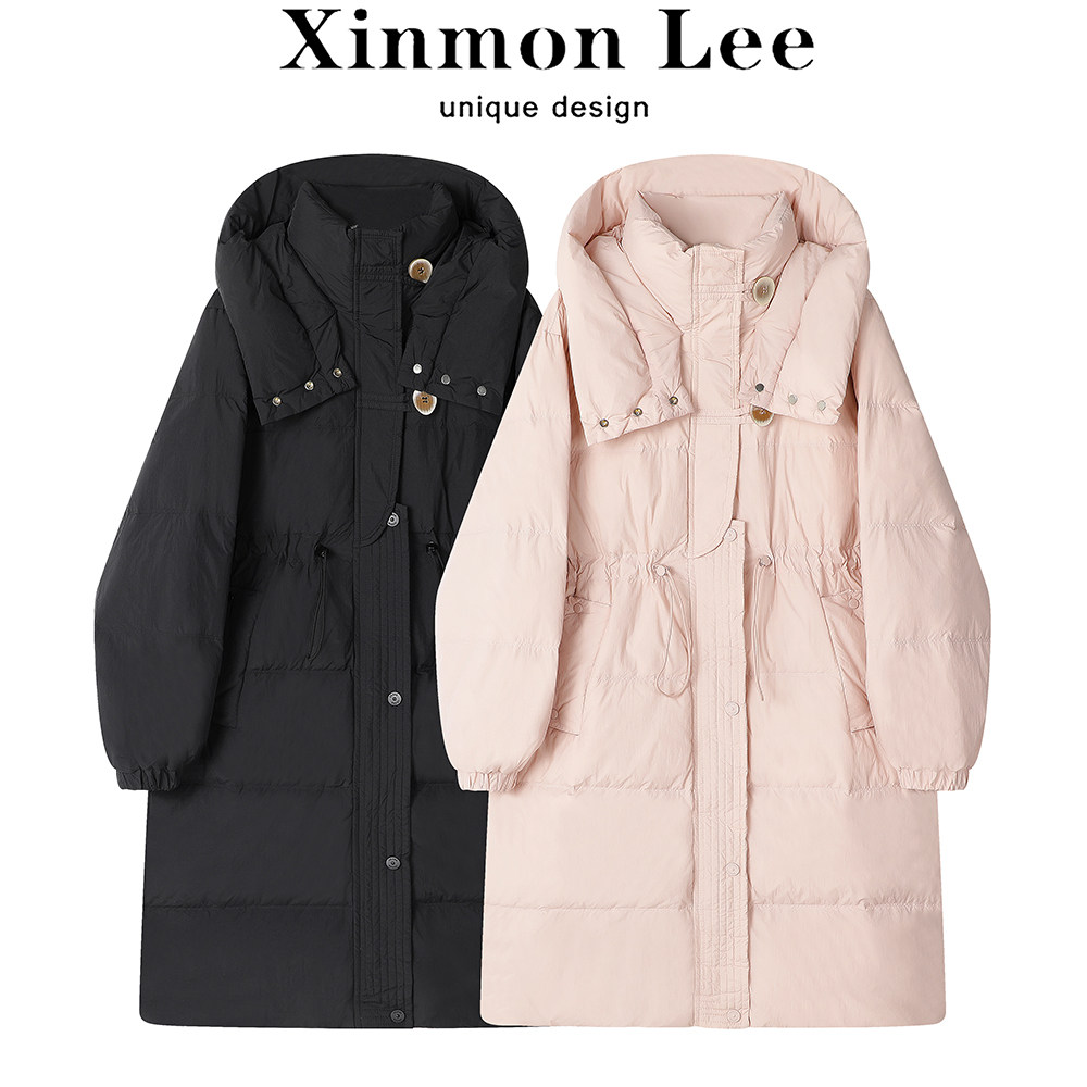XinmonLee韩系甜美粉色轻薄羽绒服冬连帽中长款收腰显瘦棉服外套
