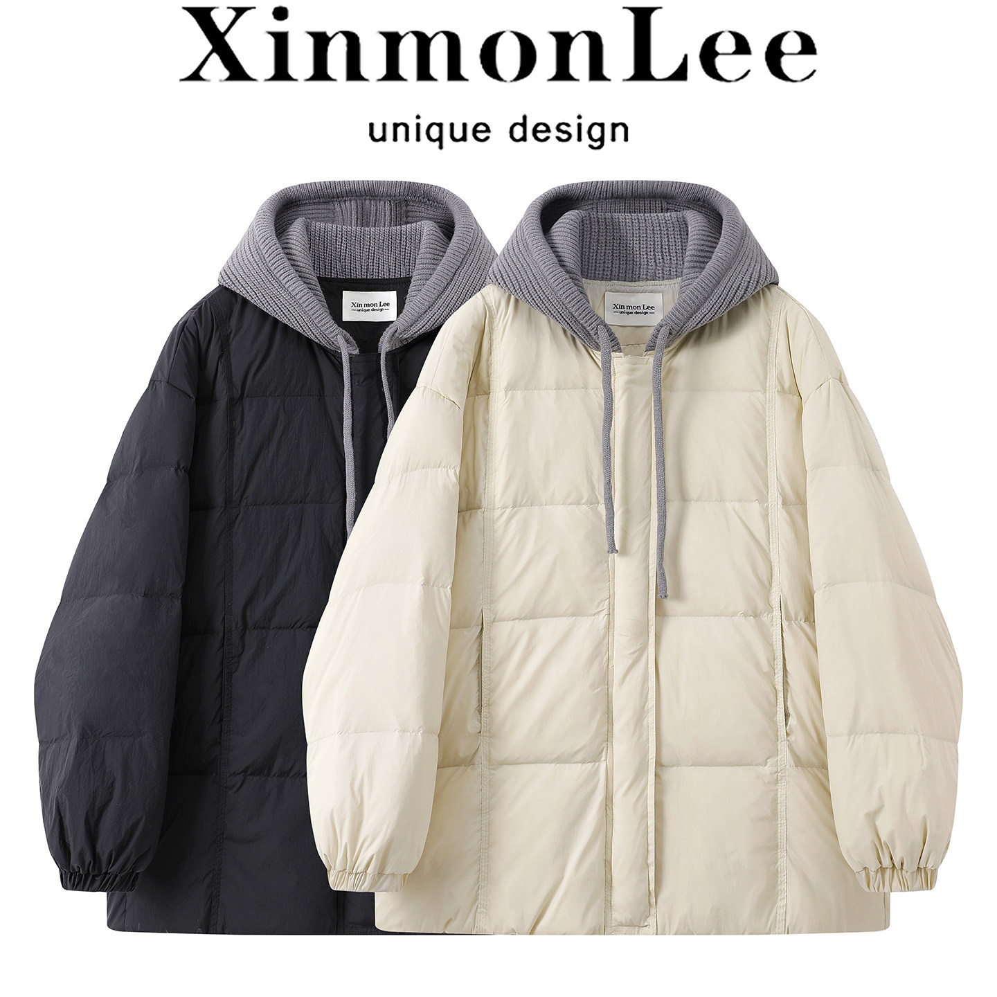 XinmonLee韩系圆领羽绒服冬季新款中长款轻薄保暖假两件连帽外套