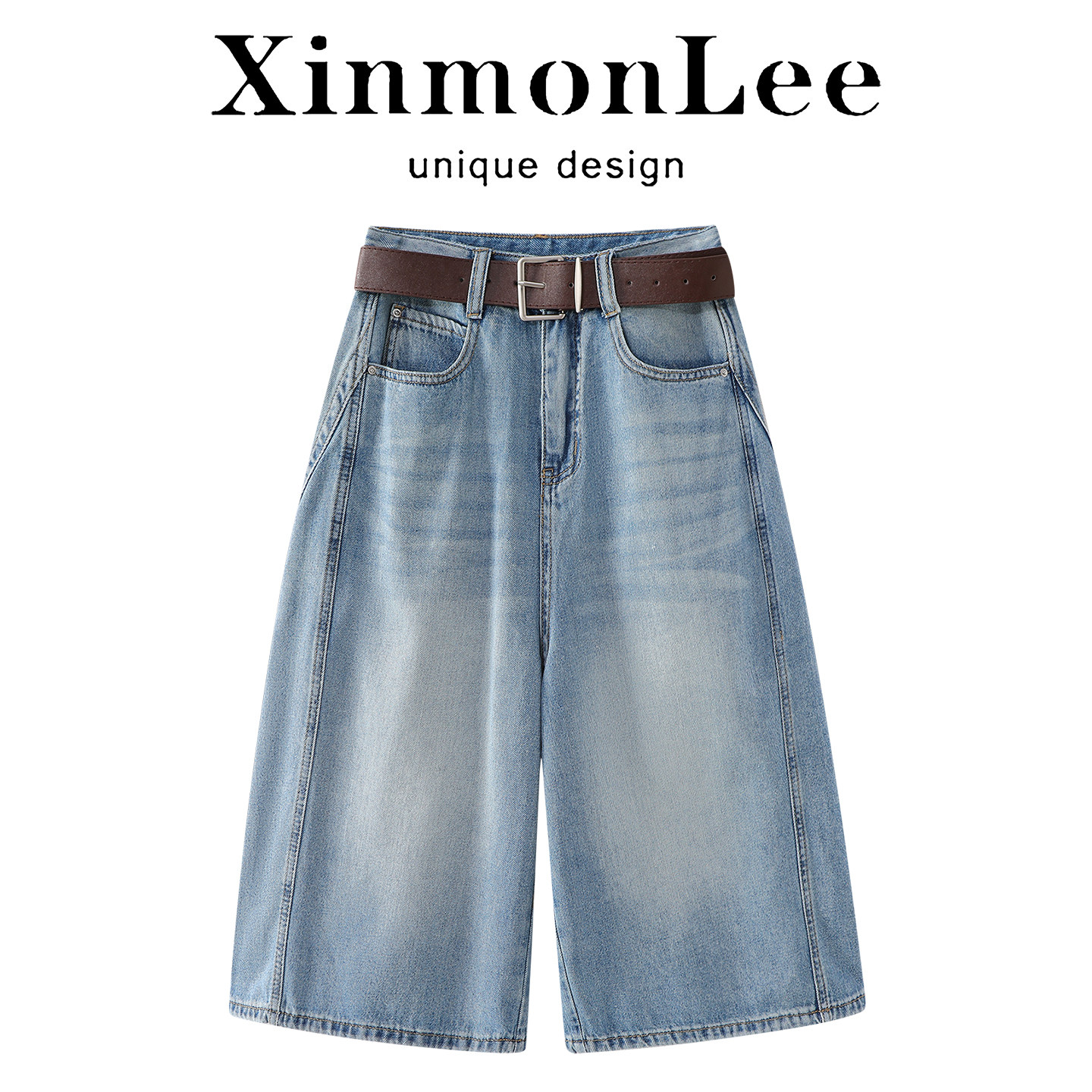 XinmonLee韩版高腰显瘦牛仔阔腿裤女宽松水洗浅蓝七分裤夏季韩式
