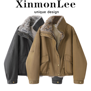XinmonLee韩版气质加绒保暖牛仔夹克派克服冬季短款毛领外套女