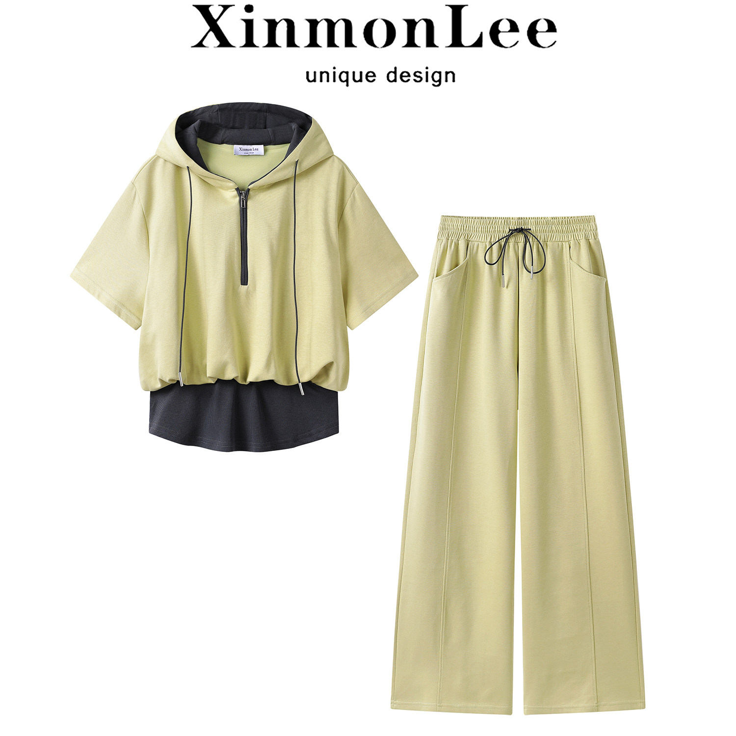 XinmonLee鹅黄减龄短袖连帽半拉链假两件卫衣夏季两件套休闲长裤