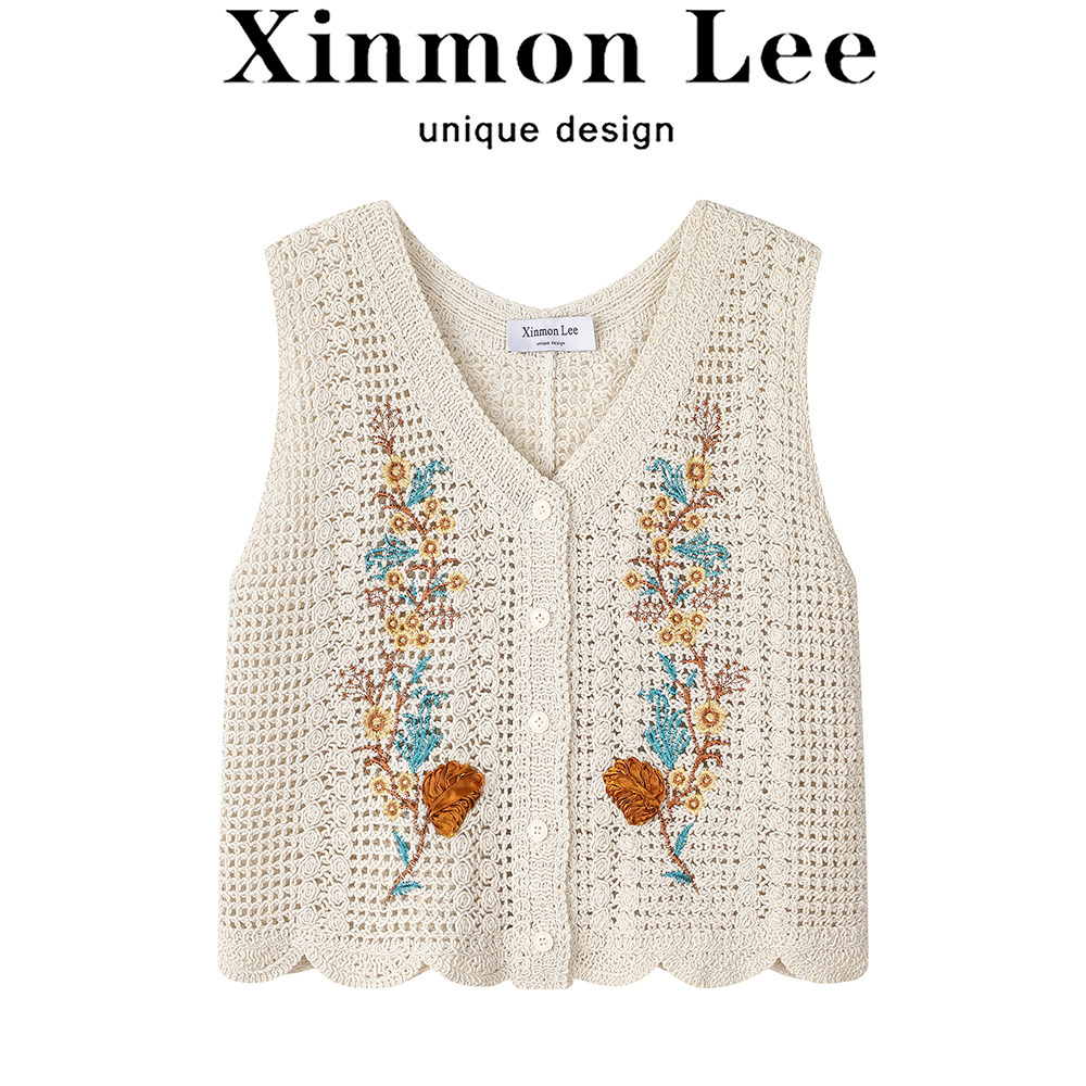 XinmonLee韩系文艺复古亚麻针织开衫马甲新款女设计别致显瘦上衣