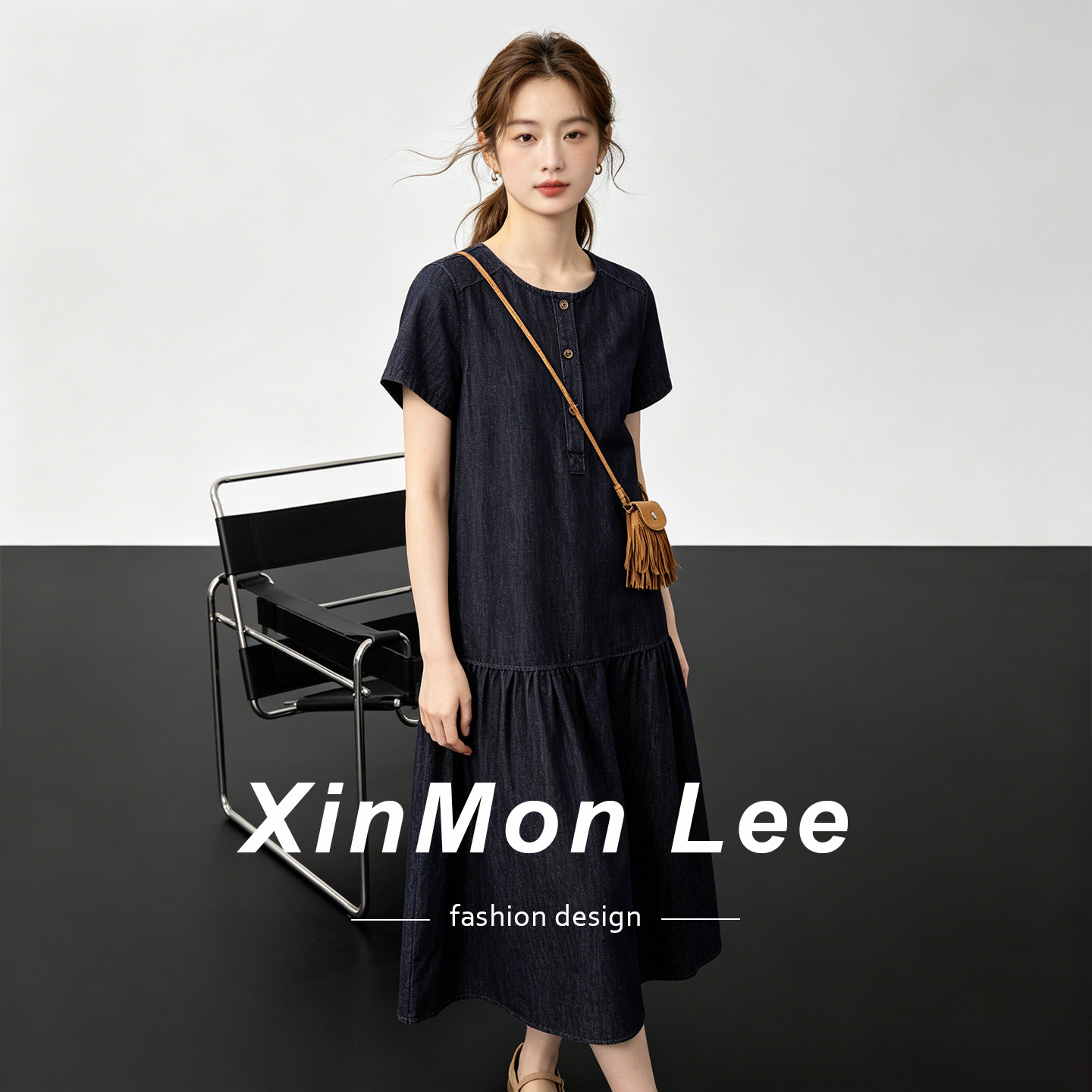 XinmonLee减龄夏季气质牛仔连衣裙短袖圆领宽松显瘦垂感直筒长裙