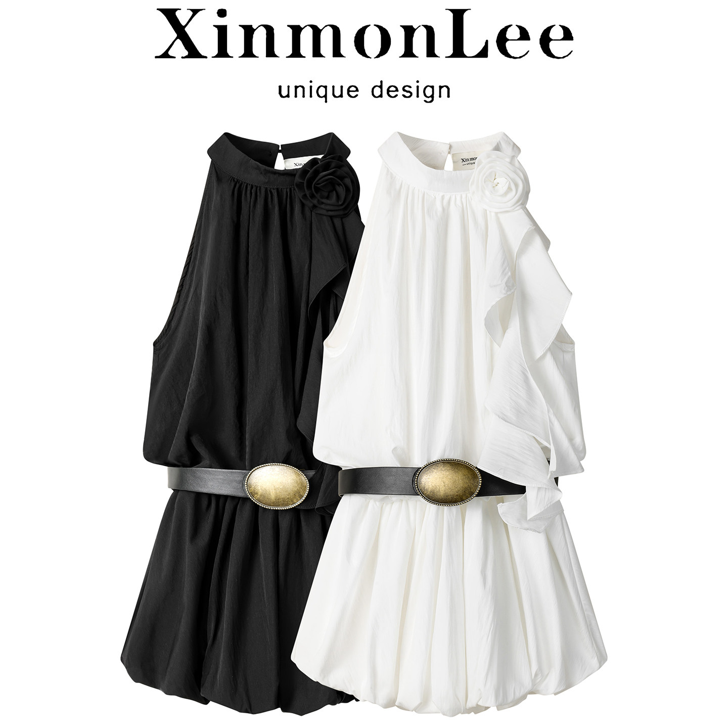 XinmonLee法式韩系别致飘带花朵挂脖背心连衣裙无袖显瘦夏季短裙